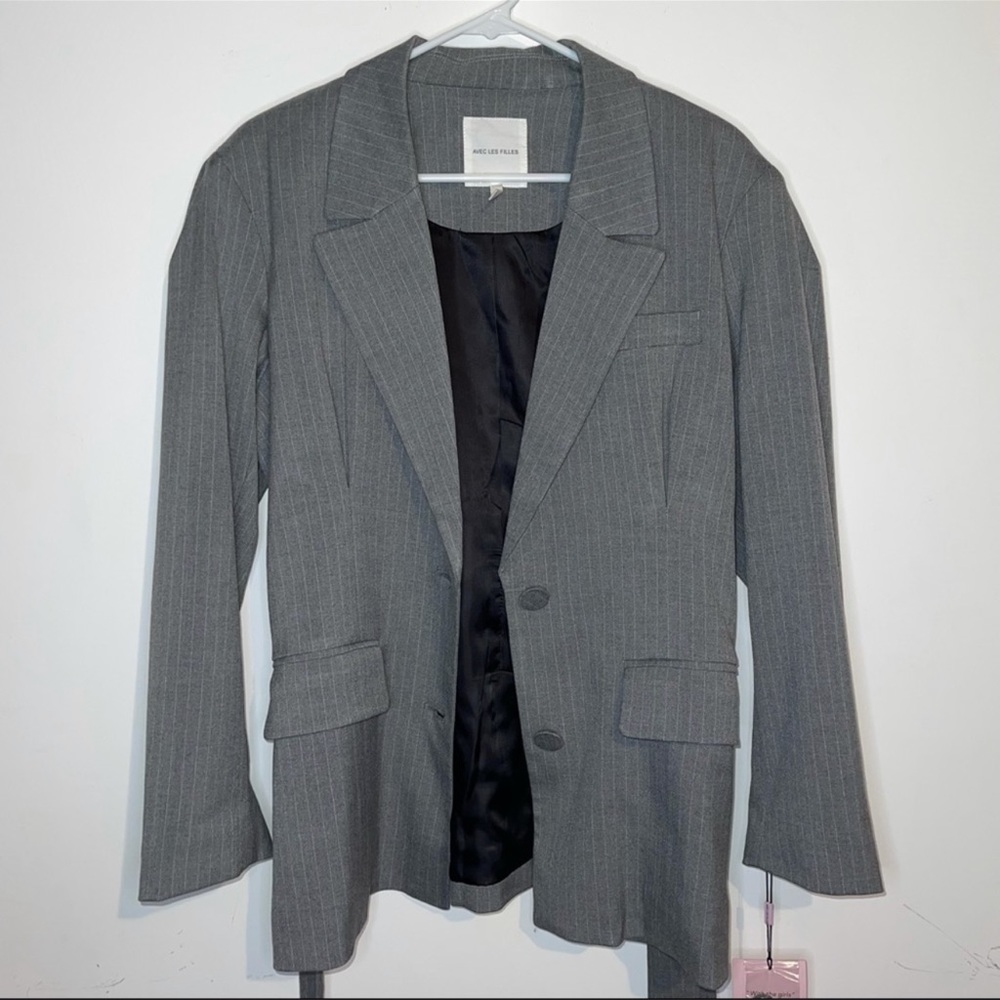 Avec Les Filles Belted Grey Pinstripe Blazer Jacket - Picture 8 of 14